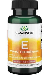 Swanson Vitamin E Mixed Tocopherols bottle, 250 softgels, antioxidant support for skin and heart health.